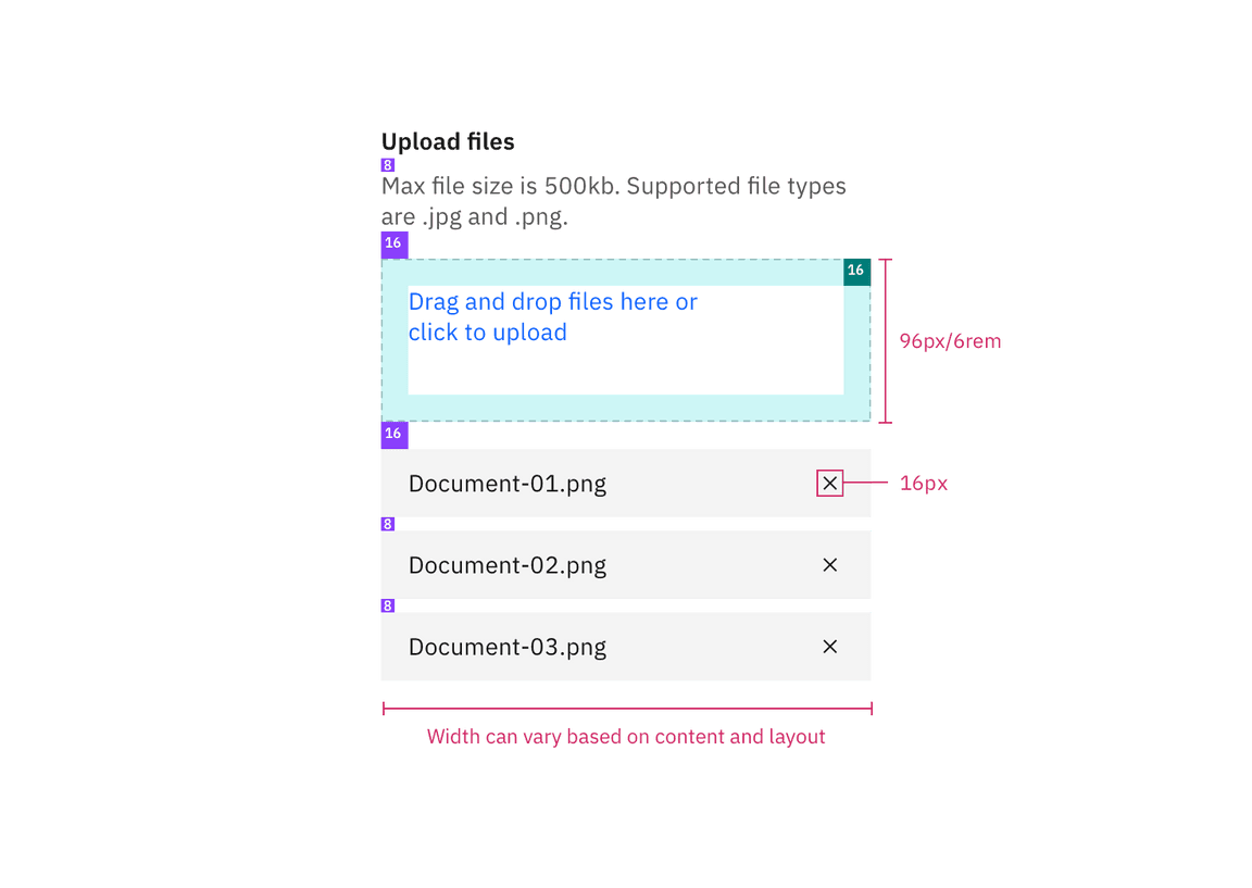 Structure and spacing measurements for drag and drop file uploader